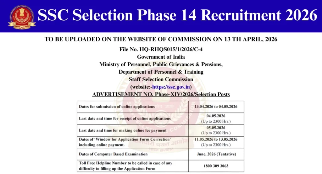SSC Selection Phase 14 Recruitment 2026